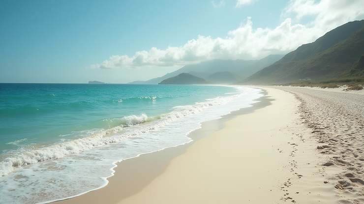High angle view of Long Bay Beach’s powdery white sand and gentle waves