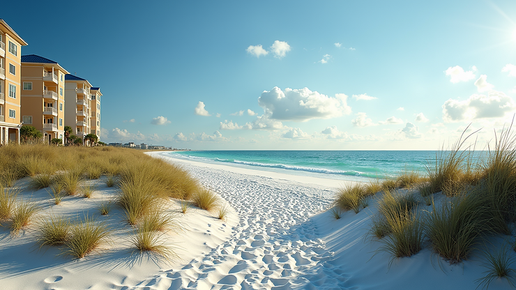 Wide angle view of Sandestin Beach's resort areas with scenic ocean views