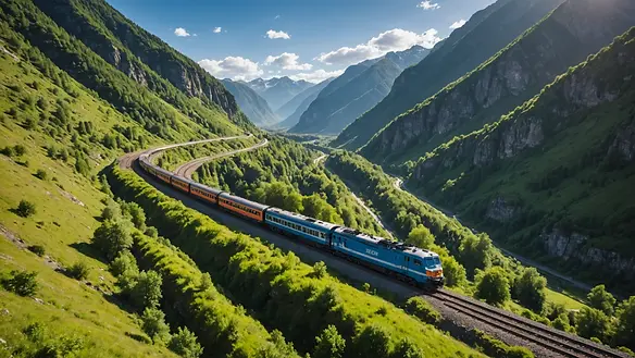 Wide angle view of a train traveling through mountainous terrain