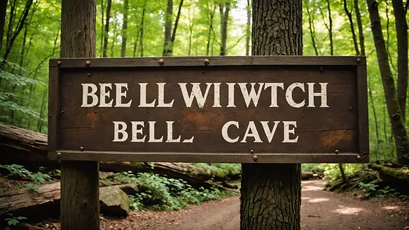 Eye-level view of an old, rustic sign showing the Bell Witch Cave