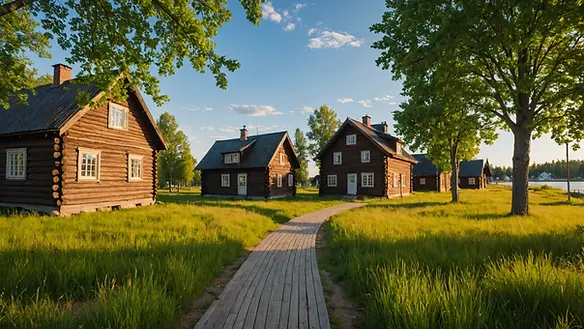 Wide angle view of the historic wooden houses in Luleå during summer