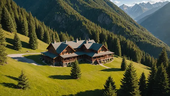 High angle view of Black Bear Lodge nestled in the mountains