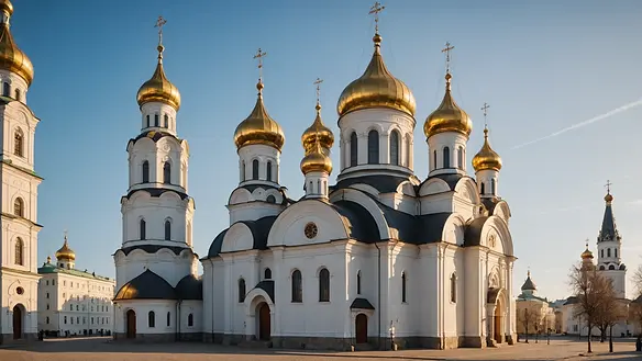 Eye-level view of the historic Russian Orthodox Church with its unique architecture