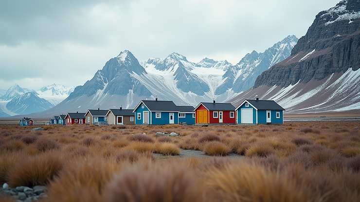 Eye-level view of Pangnirtung’s colorful houses against a mountainous backdrop