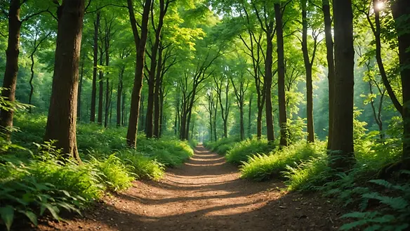 Eye-level view of a shady forest trail surrounded by lush greenery