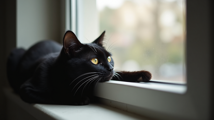Eye-level view of a black cat lounging on a windowsill