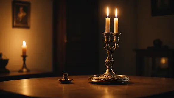 Candlestick holder casting shadows in a dimly lit room