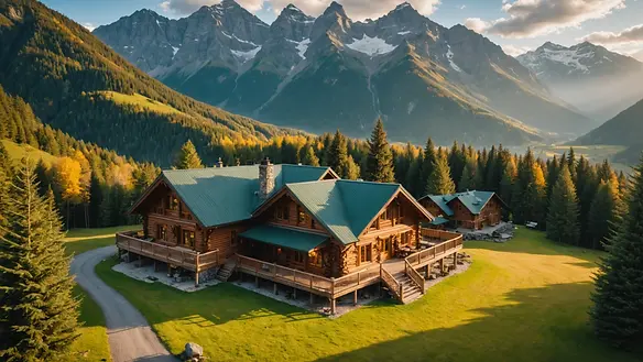 High angle view of cozy lodge with mountain backdrop
