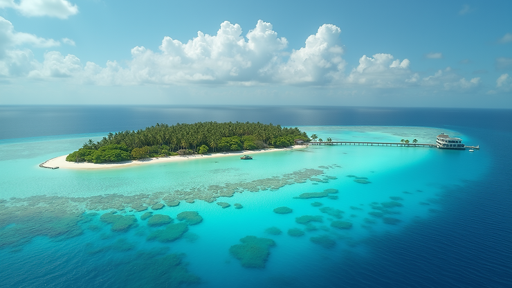 High angle view of Dragon Cay against a crystal-blue backdrop