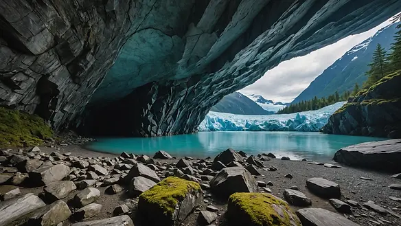 Wide angle view of the entrance to Mendenhall Glacier cave system