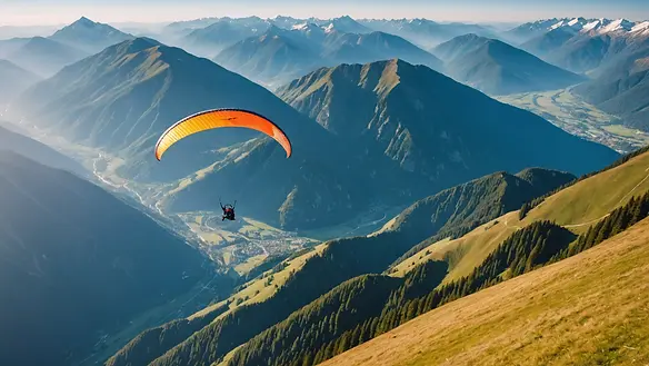 High angle view of a paraglider soaring above the mountains
