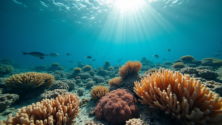 Wide angle underwater view of a vibrant coral reef teeming with marine life