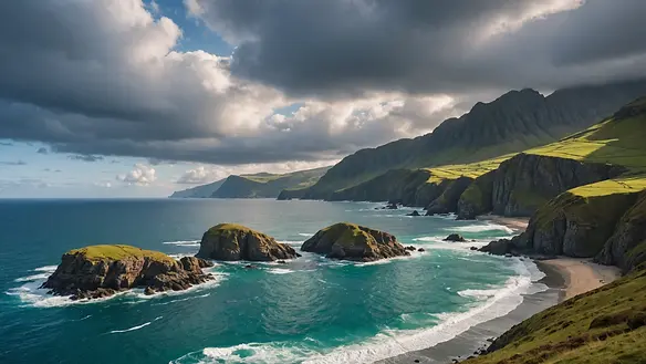 Wide angle view of the rugged windward coastline