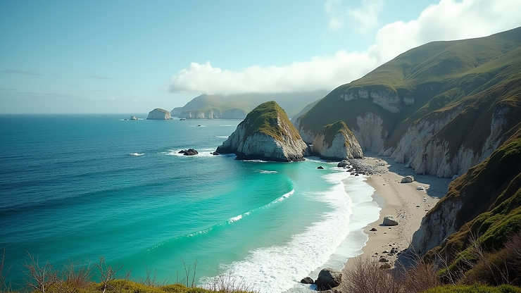 Wide angle view of the North Coast with turquoise waters and rocky shoreline