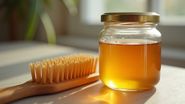 Close-up view of a jar of honey next to a hairbrush