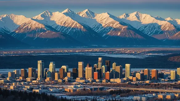 Close-up view of Anchorage's skyline surrounded by mountains