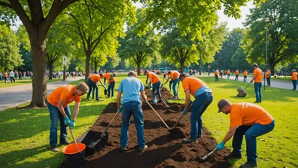 Wide angle view of volunteers working on a beautification project in the park