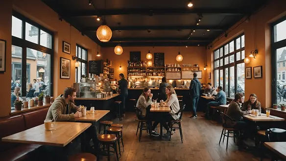 Wide angle view of a cozy café with patrons enjoying their refreshments