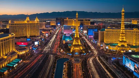 Wide angle view of Las Vegas Strip bustling with tourists and nightlife