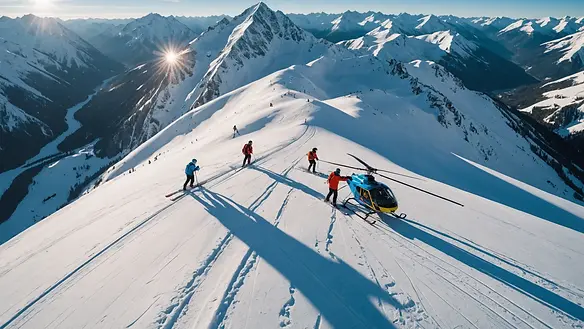 High-angle view of skiers preparing for a thrilling heli-skiing adventure