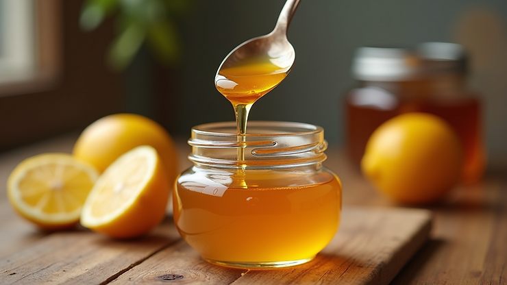 Eye-level view of a spoonful of honey over a honey jar