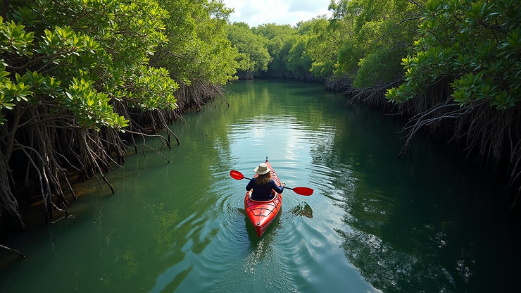 High angle view of a kayak gliding through the mangroves at Sapodilla Bay
