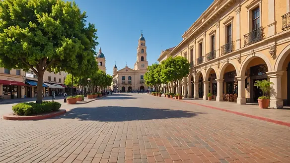 Eye-level view of a quaint downtown plaza in San Luis