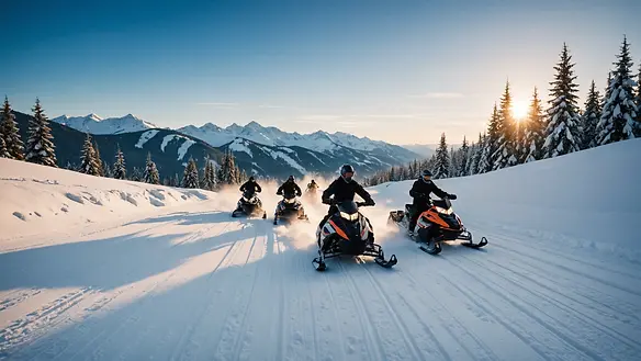 Wide angle view of snowmobiles traversing a snowy landscape