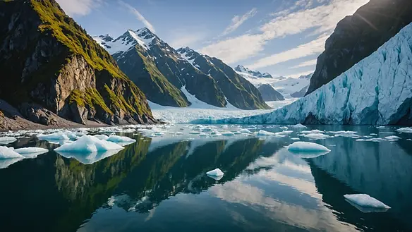 Wide angle view of Kenai Fjords with icy glaciers