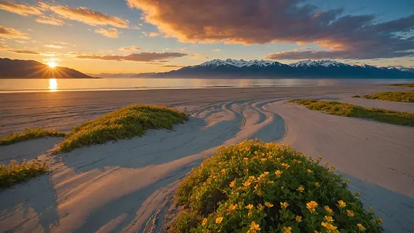 Wide angle view of the sandy stretches of Homer Spit under a vibrant sunset