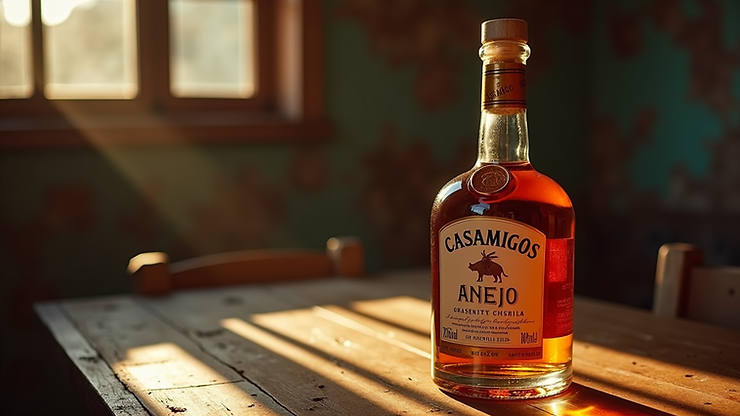 High angle view of a Casamigos Añejo bottle set against a rustic table
