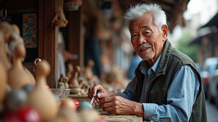 Close-up view of an older man selling handcrafted souvenirs
