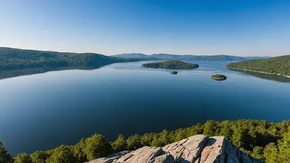Wide angle view of Guntersville Lake under a clear blue sky