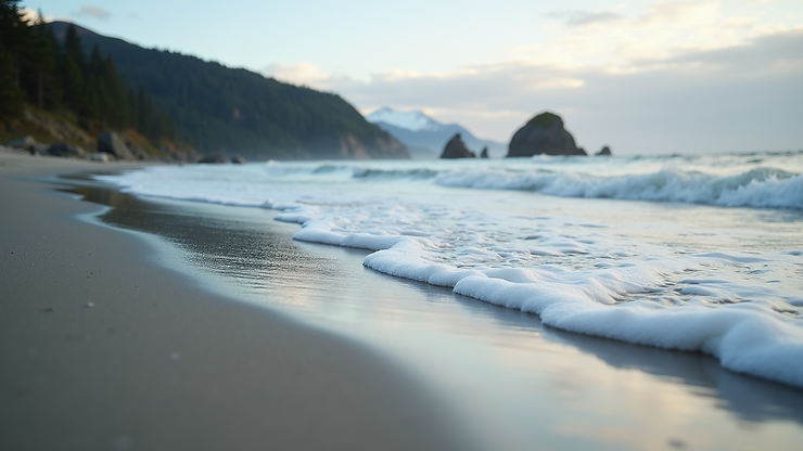Close-up view of gentle waves lapping against the sands of Sandy Beach in Kodiak