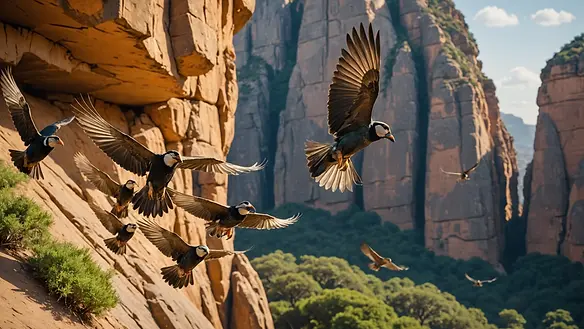Close-up view of birds taking flight near the Ayo Rock Formation