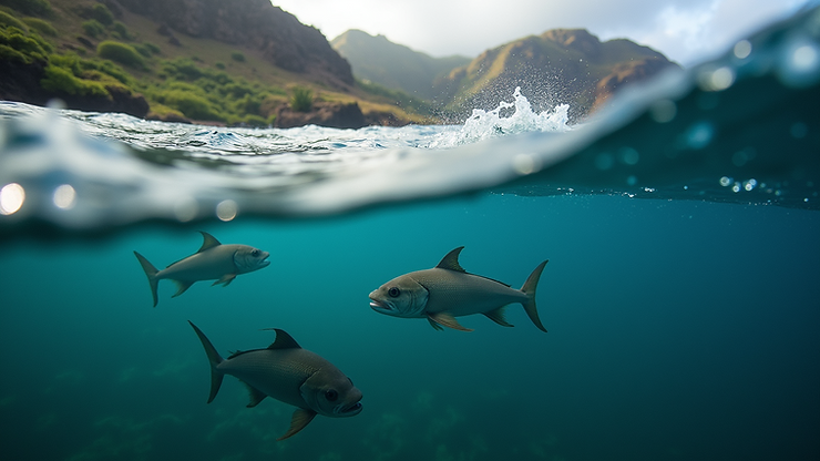 High angle view of Faa'a Pass with strong currents and fish beneath the surface
