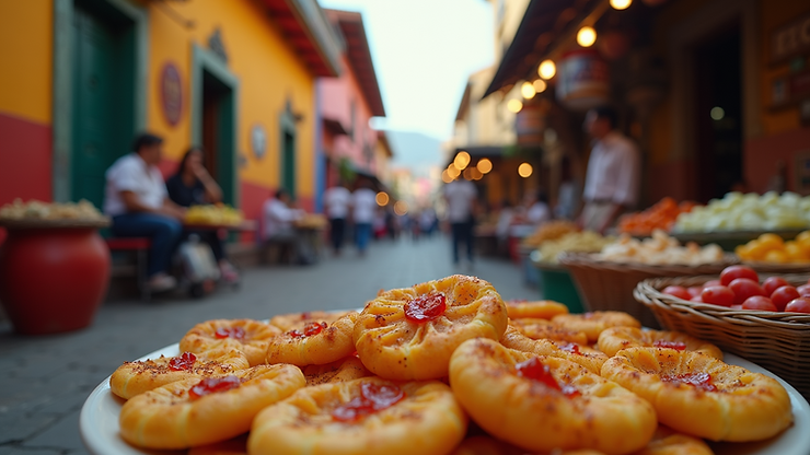 Eye-level view of Puebla’s colorful street market scene with local cuisines