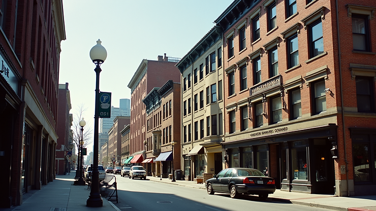 Close-up view of the historic downtown buildings in Evanston