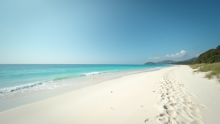 Wide angle view of Long Bay Beach with soft white sands