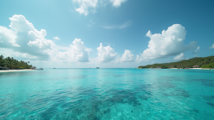 Wide angle view of Turks Island Passage with expansive waters