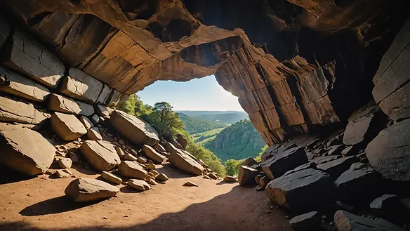 Eye-level view of the rocky entrance to a cave at Tarrywile Park