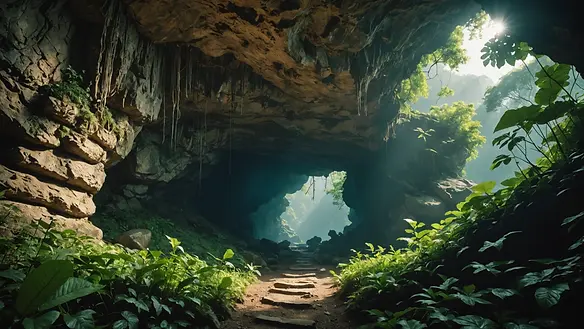 Wide angle view of the hidden entrance of Nameless Cave, surrounded by dense foliage