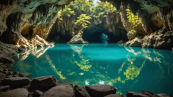 Eye-level view of the peaceful waters in Lagoon Cave