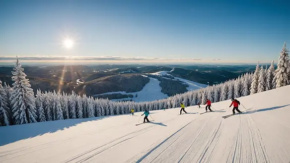 Wide angle view of skiers enjoying the slopes at Sälen Ski Resort