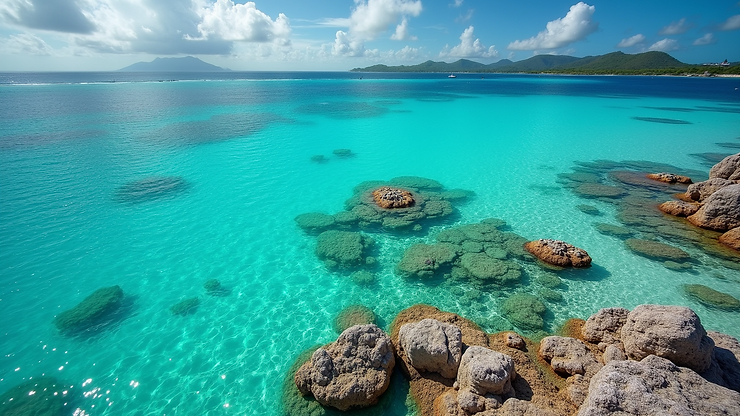High angle view of the clear waters of Grace Bay with coral formations