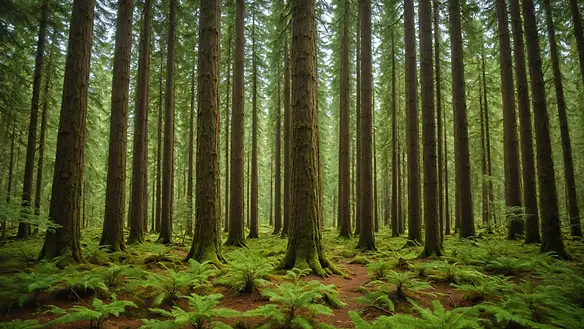 Eye-level view of a lush Sitka spruce forest, showcasing towering trees