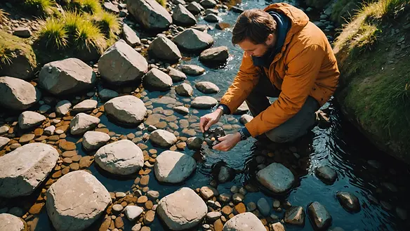 High angle view of a person examining rocks in a creek