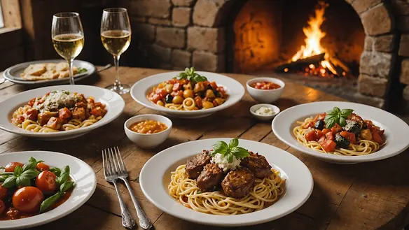 Eye-level view of traditional Italian dishes served at a rustic mountain restaurant