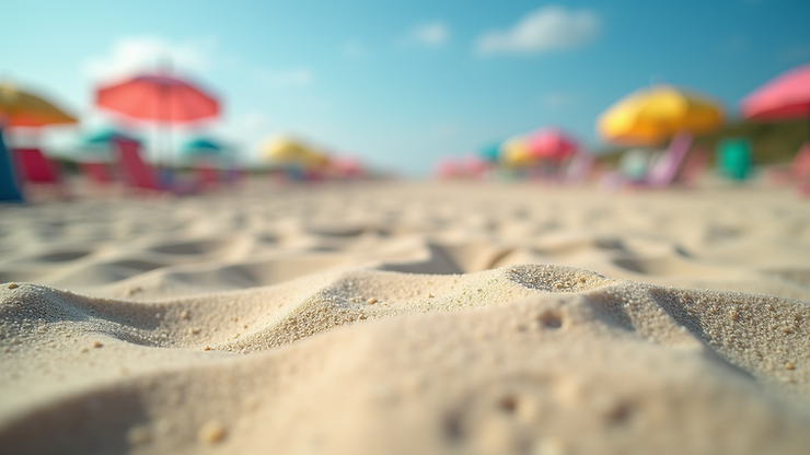 Eye-level view of the soft sands at South Bethany Beach with colorful beach umbrellas