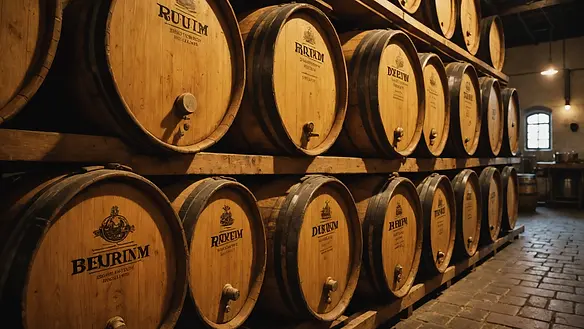 Close-up view of barrels at the Rum Factory showcasing the brewing process